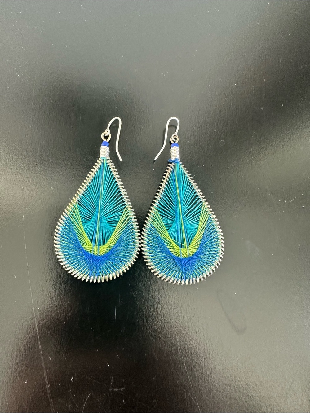 Handcrafted Teardrop Thread Earrings in Teal and Lime